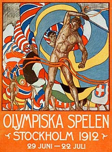 This is a poster about the 1912 Olympics in Stockholm. Where Henry Hebner won his Gold medal for backstroke.